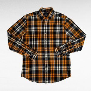 American Eagle Prep Fit Flannel Shirt Mens Size LT Orange Navy Plaid Long Sleeve